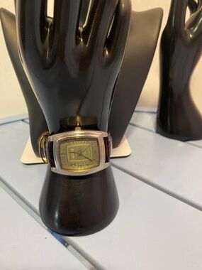 Embassy Quartz Men’s Watch Tonneau Case Silver Tone Black Dial Leather Strap